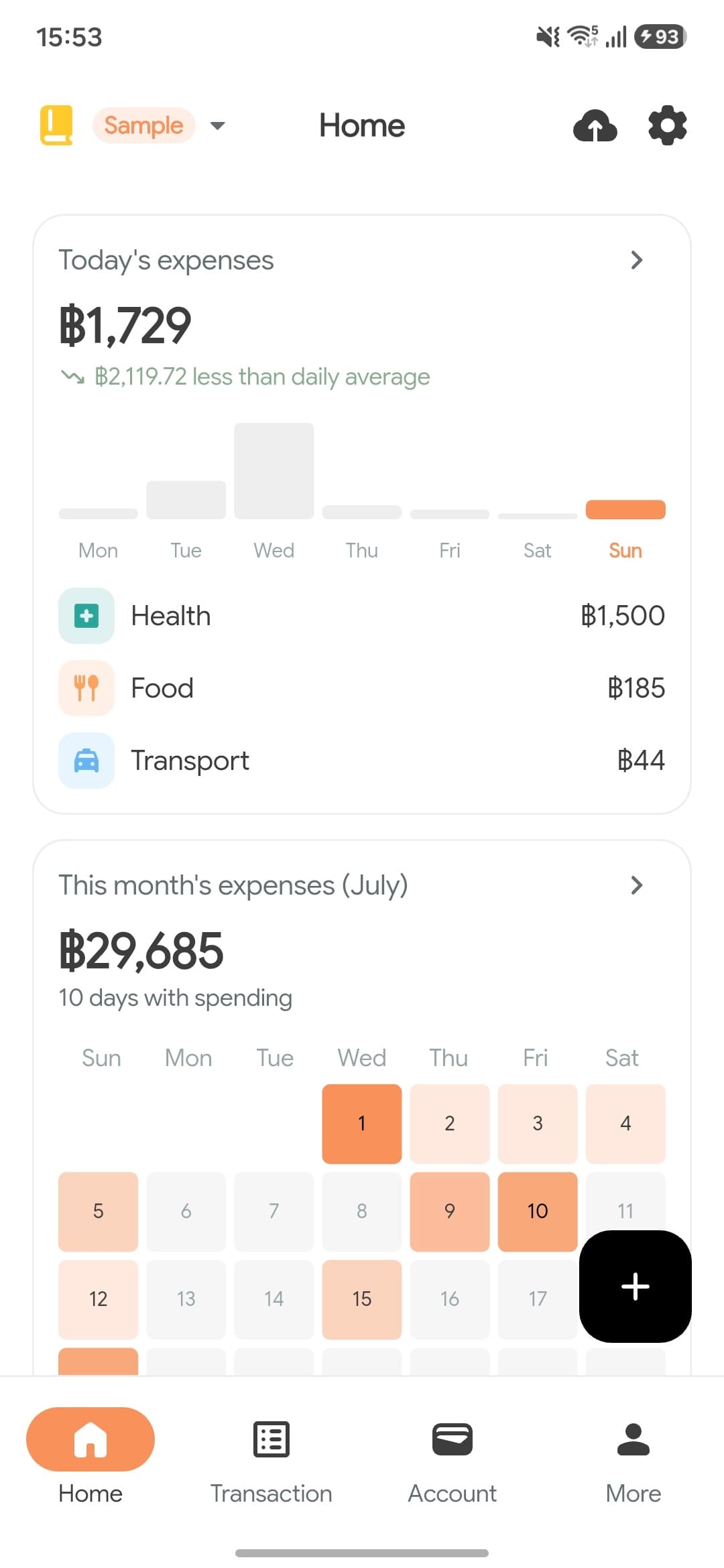 Money Melon home screen showing today's expenses, the monthly total, and a calendar of days with spending